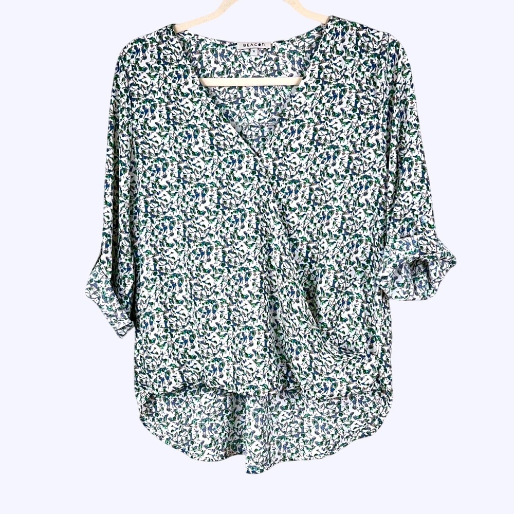 Beacon Surplice Wrap Blouse Womens Small 3/4 Roll Tab Sleeve High Low Blue Green